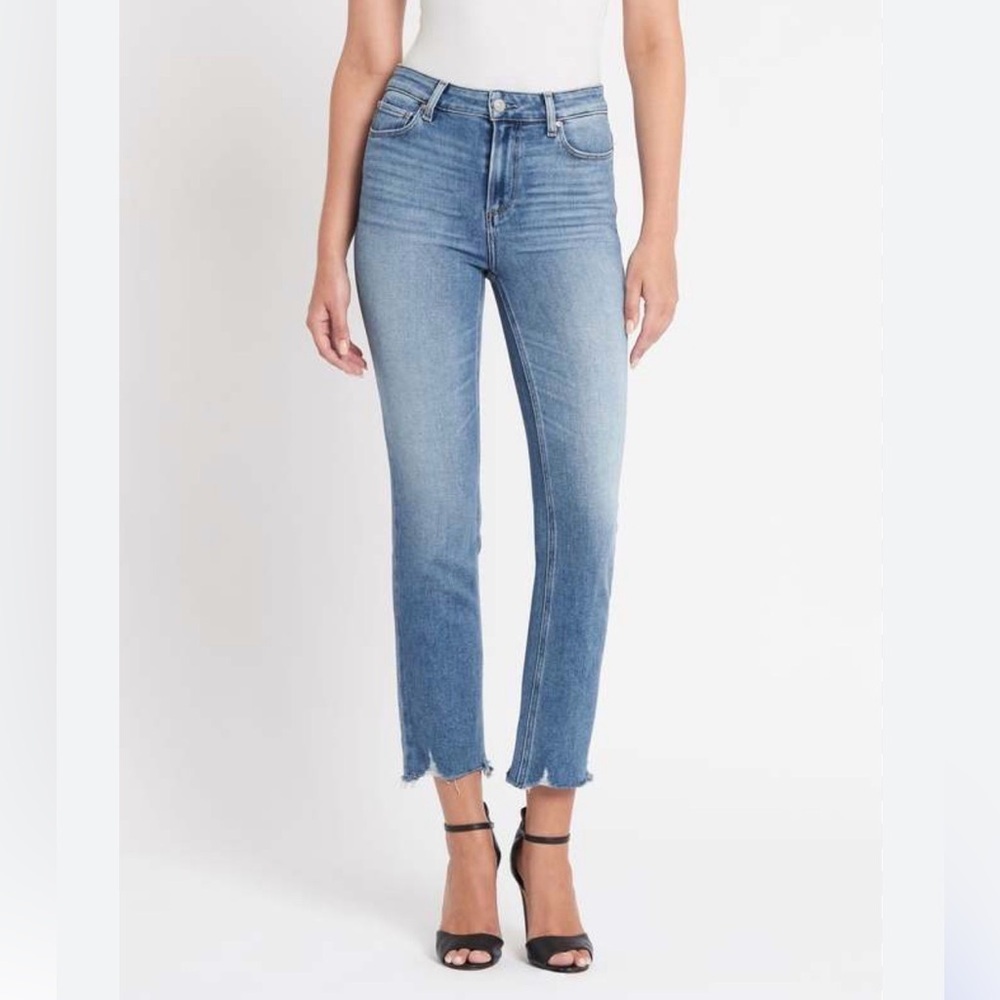 PAIGE Cindy Straight Crop Jeans 30 Light Blue Wash Raw Frayed Hem Cottagecore
